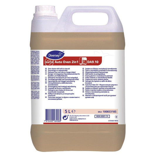 Ein 5-Liter-Kanister der Diversey Deutschland GmbH & Co. OHG Suma Auto Oven 2in1 DA9.1, Kombiprodukt für automatische Konvektomatenreinigung, ist mit einem weiß-blauen Etikett versehen, auf dem Produktdetails und Anweisungen in mehreren Sprachen stehen.