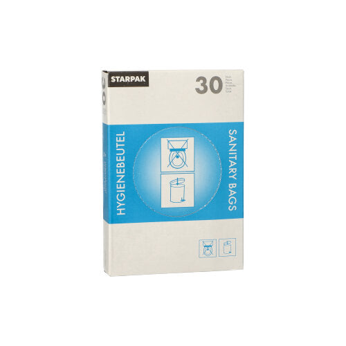 Der Starpak Spenderkarton enthält 30 weiße Hygienebeutel (28,5 x 8 x 7 cm) mit blau-weißer Verpackung, der Aufschrift „HYGIENEBEUTEL“ und „SANITARY BAGS“, mit Anleitungen und Mülleimer-Abbildungen auf der Vorderseite.