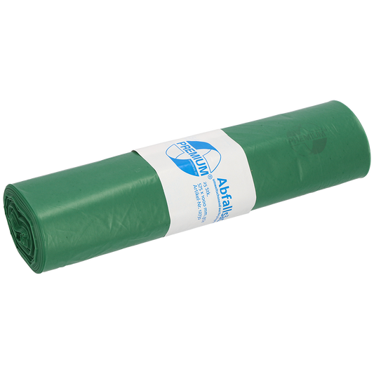 Eine Rolle DEISS 12730 grüner Kunststoff-Müllsäcke (575x1000 mm, 25 Stück) von EMIL DEISS KG (GmbH + Co.), mit einem weiß-blauen Etikett mit Text, Logo und Produktangaben, das in der Mitte umwickelt ist.