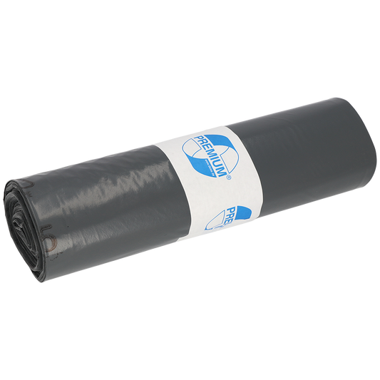 Eine Rolle EMIL DEISS KG (GmbH + Co.) DEISS 14007 - 700x1100x0,07 mm grau Müllsäcke (25 Stück), verpackt in einem weißen Papieretikett mit blauer Schrift und Grafik, wird auf einem einfarbig weißen Hintergrund dargestellt.