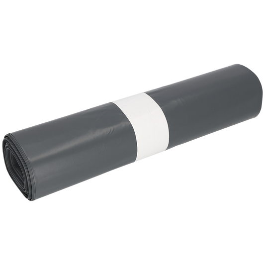 Abgebildet ist eine Rolle EMIL DEISS KG (GmbH + Co.) DEISS Müllsäcke 575x1000x0,07 mm aus Recycling-LDPE 70 l schwarz, gebündelt mit einer weißen Papierbanderole, auf einfarbig weißem Hintergrund.