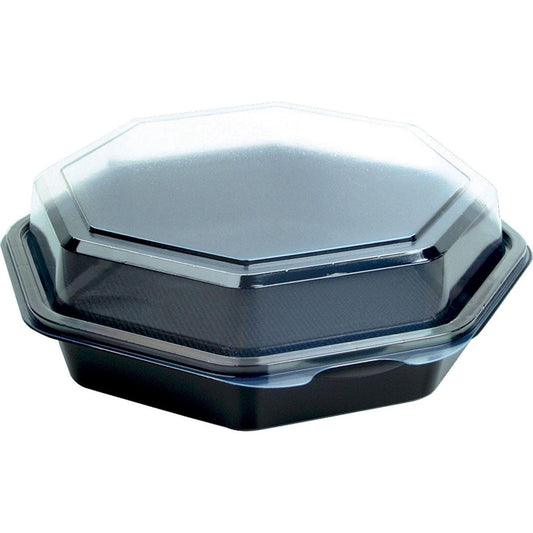 Ein geschlossener Octaview® (C&C Packung mit 127800) Schwarz/Transparent PS 190x190x60 Takeout-Container der Duni GmbH, abgebildet auf weißem Hintergrund. Packung mit 35 Stück.