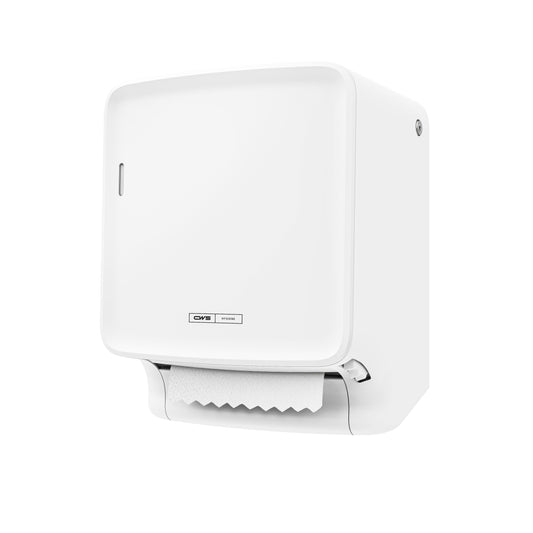 Die CWS PureLine Paperroll | Packung (1 Stück) von CWS ist ein weißer Wandspender, der ein Papierhandtuch spendet, isoliert auf einem schlichten weißen Hintergrund - ideal für umweltfreundliche Hygieneanforderungen.