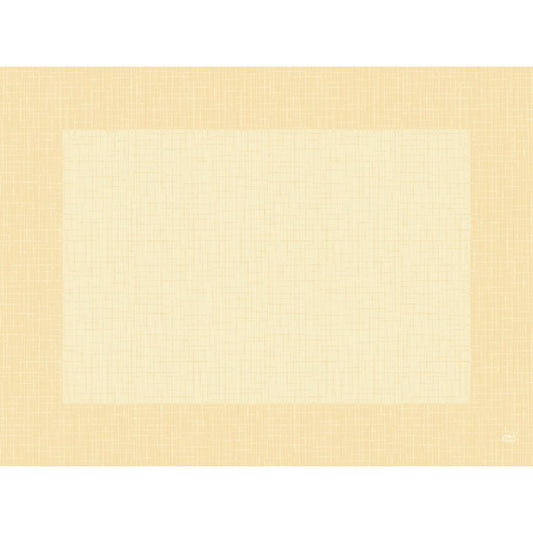 Ein hellgelber und beiger Kreuzschraffur-Hintergrund spiegelt die sanfte, subtile Eleganz der Dunicel-Tischsets 30 x 40 cm Linnea creme (Packung 100 Stück) der Duni GmbH wider, ideal um jeder Tischdekoration einen raffinierten, gerahmten Touch zu verleihen.