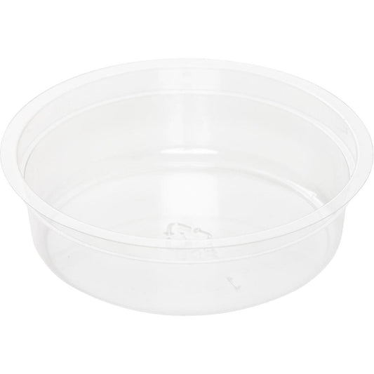 Der Duni GmbH Einsatz für Gläser Crystal 120 ml rPET Behälter (Packung 30 Stück), transparent und rund ohne Deckel, ist auf weißem Hintergrund abgebildet.