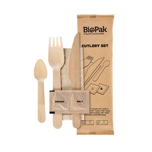 Das 6/1 Besteck Set von Duni GmbH aus naturgewachstem Holz enthält Gabel, Messer, Kaffeelöffel, Serviette sowie Salz- und Pfeffer-Sachets - umweltfreundlich verpackt im BioPak-Design, ideal für unterwegs. Packung mit 250 Stück.