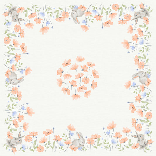 Diese weiße Tischdecke Bio-Dunicel-Mitteld.84x84 Bunny Bloom von Duni GmbH zeigt orangefarbene und blaue Aquarellblumen, grüne Blätter und graue Kaninchen in den Ecken mit einem Blumenkranz in der Mitte. Enthält 20 Servietten pro Packung.