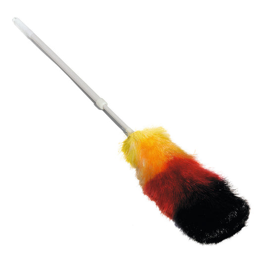 Der Nölle Profi Brush Staubwedel Synthetik mit Teleskopstiel 125 cm verfügt über flauschige schwarze, rote, orange und gelbe Synthetikfasern zum leichten Abstauben. Abgebildet vor einem weißen Hintergrund. Marke: Nölle Profi Pinsel Bürsten- & Pinseltechnik e.K.
