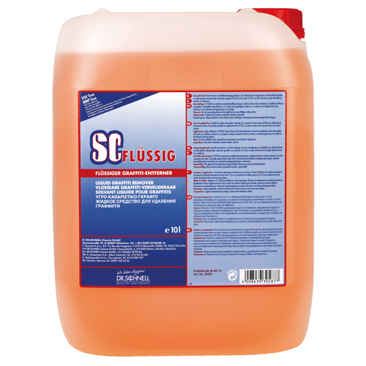 Ein 10-Liter-Behälter aus durchsichtigem Kunststoff mit orangefarbener Flüssigkeit und rotem Deckel. Auf dem Etikett steht "Dr. Schnell SC FLÜSSIG Graffitientferner" von DR.SCHNELL GmbH & Co. KGaA, mit Produktinformation in mehreren Sprachen.