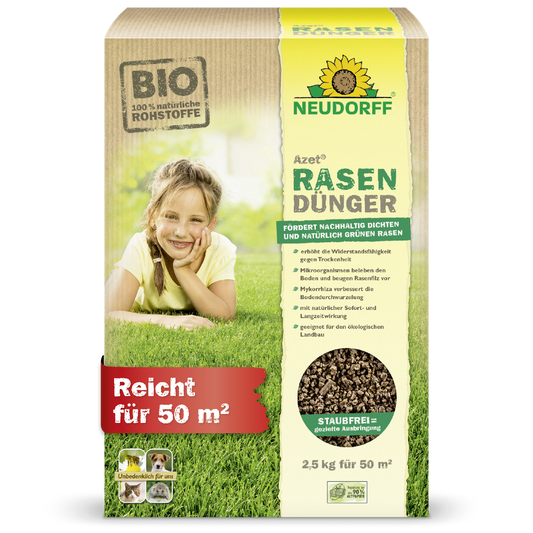 Eine rechteckige Schachtel Neudorff Shop Azet RasenDünger (2,5-5 kg) zeigt das Foto eines lächelnden Kindes, das auf dichtem Gras liegt. Die Verpackung hebt die Bio-Zutaten und die Reichweite von bis zu 50 Quadratmetern hervor.