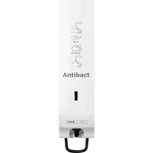 Der weiße CWS ParadiseLine Seifenschaumspender Antibact Slim von CWS verfügt über eine bebilderte hygienische Handwaschanleitung, einen schwarzen Unterhebel und ein zentrales rechteckiges Fenster. Die Platte ist vormontiert.
