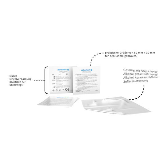 Ein einzeln verpackter Alphacheck Professional Alkoholtupfer 3 x 6 cm von Berger Med GmbH (Packung, 100 Stück) wird neben einer geöffneten Packungsbeilage gezeigt, in der die kompakte Größe, der 70%ige Isopropylalkoholgehalt und die desinfizierende Wirkung hervorgehoben werden.