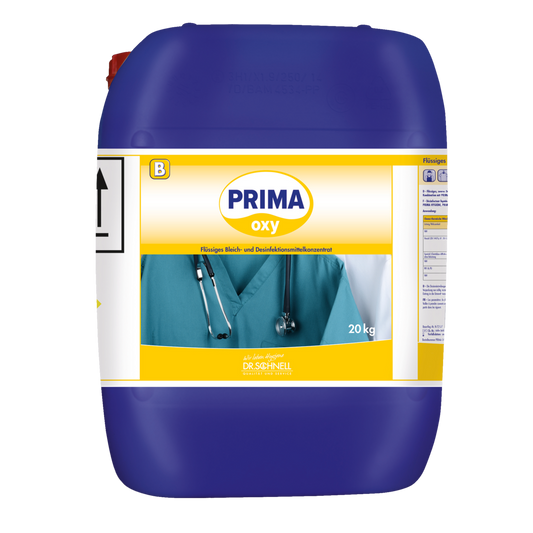 Ein großer blauer 20 kg Dr. Schnell PRIMA OXY Wäschedesinfektion automatische Dosierung Behälter der DR.SCHNELL GmbH & Co. KGaA für die professionelle Wäschedesinfektion, mit medizinischer Motivik, zur Verwendung als flüssiges Bleich- und Desinfektionsmittelkonzentrat.