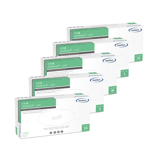 Mäkké latexové vyšetrovacie rukavice MaiMed, nesterilné, práškové, 100 kusov/krabička