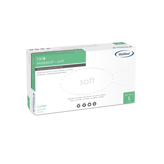 Mäkké latexové vyšetrovacie rukavice MaiMed, nesterilné, práškové, 100 kusov/krabička