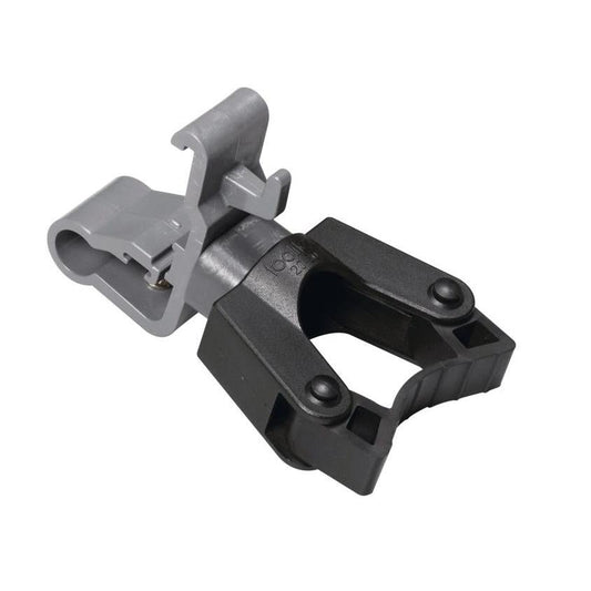 Eine Nahaufnahme des TASKI Stielhalters mit Klammer von Diversey Deutschland GmbH & Co. OHG, kompatibel mit den Tuchboxhaltern 7517270 oder 757371, mit grauem Aufsatz und schwarzer Federklammer auf weißem Hintergrund.