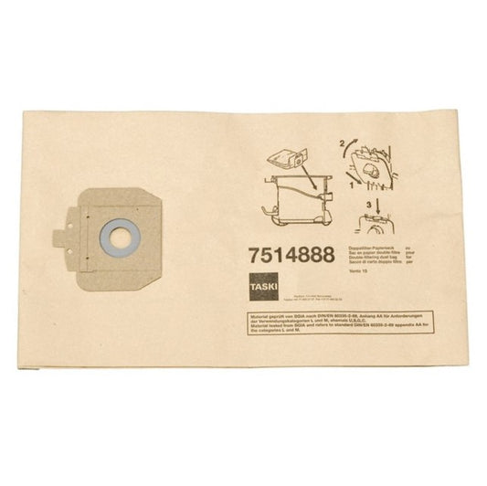 Der Doppelfilter-Papiersack 15 l von Diversey Deutschland GmbH & Co. OHG (10er-Pack), für TASKI Vento 15S, verfügt über eine doppelte Filterung und wird in einem rechteckigen Beutel mit bebilderter Montageanleitung, beschriftet mit "TASKI 7514888", geliefert.