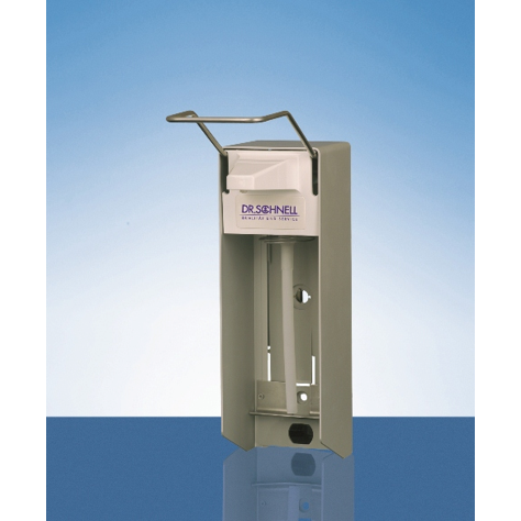 Der Dr. Schnell Spender manuell, Euroflasche von DR.SCHNELL GmbH & Co. KGaA ist ein Wandspender mit Hebelgriff zur hygienischen Dosierung, abgebildet auf einem blauen Hintergrund mit Farbverlauf.