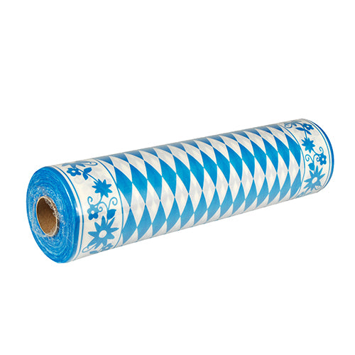 Ein teilausgepackter PAPSTAR Tischläufer Airlaid "Bayrisch Blau" (24 m x 40 cm), stoffähnlich, mit blau-weißer Raute und floralem Randdesign - ideal für eine charmante Tischdekoration im bayerischen Stil. Marke: PAPSTAR GmbH.