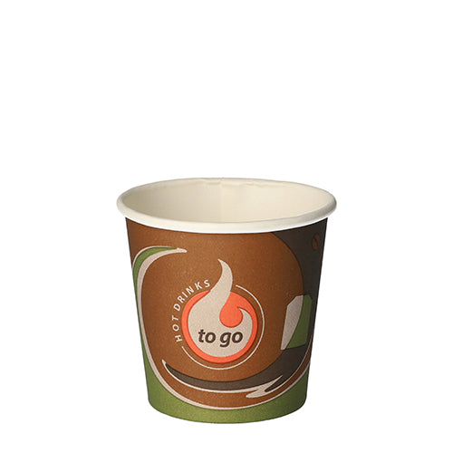 Ein kleiner Starpak Trinkbecher aus Pappe „To Go“ (0,1 l, Ø 6,3 cm) mit braunem, grünem und weißem Design sowie dem Text „Hot Drinks to go“ – ideal für heiße und kalte Getränke unterwegs. Der leere Becher wird auf weißem Hintergrund dargestellt. 80 Stück/Schrumpffolie.