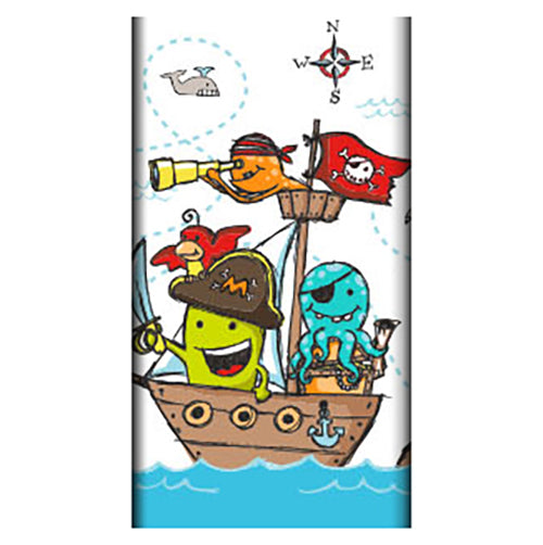 Cartoon-Piratenschiff mit fröhlichen Meeresbewohnern, darunter eine gelbe Figur, ein roter Vogel und ein blauer Oktopus. Mit Wal und Kompass – ideal als PAPSTAR Tischdecke, Papier (120 x 180 cm) von der PAPSTAR GmbH für stilvolle Tischdekoration.