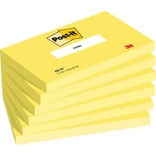 Abgebildet ist ein Stapel von sechs gelben Post-it® Notes (76 mm x 127 mm, 100 Blatt/Block, 100% PEFC) der 3M Deutschland GmbH mit dem Post-it® Logo und einem "notes"-Etikett oben und dem 3M Logo in der rechten unteren Ecke.