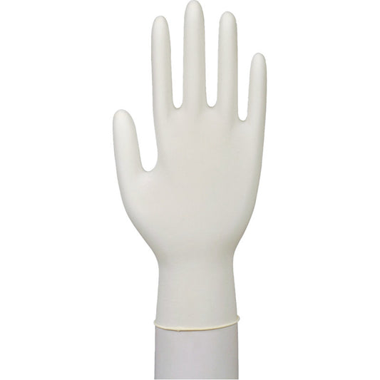 Ein einzelner Latex-Handschuh Excellent, puderfrei von Abena Re-Seller GmbH, ist auf einer erhobenen Hand mit ausgestreckten Fingern vor weißem Hintergrund zu sehen.