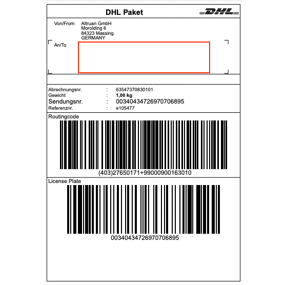 Štítok DHL od Altruan GmbH (Morolding 6, 84323 Massing, Nemecko) obsahuje čiarové kódy a hmotnosť 1,00 kg s číslo sledovania 00340434276970706895. Adresa príjemcu je pre aktualizácie prostredníctvom aplikácie PackMaster prázdna: Weclapp Logistik Packing App na zlepšenie efektivity prepravných štítkov.