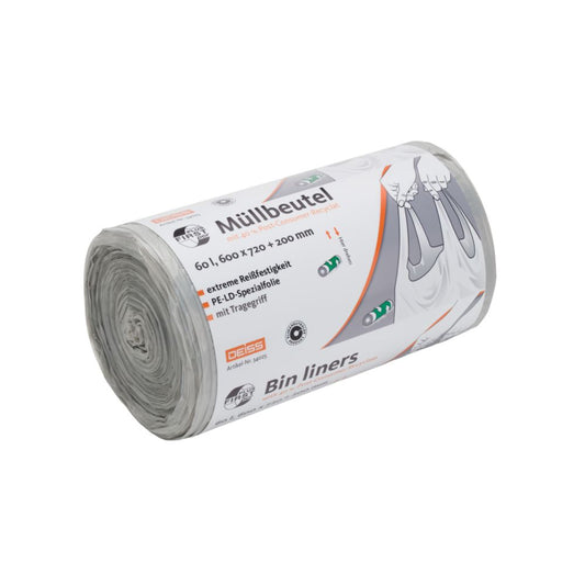 Eine Rolle DEISS First Plus Pcr Müllbeutel 60 Liter, 34045 mit Tragegriff von EMIL DEISS KG (GmbH + Co.) hebt in deutscher Schrift die Abmessungen und die klimaneutrale Natur hervor. Das Etikett mit einem Mülleimersymbol enthält Text in Englisch und Deutsch. Diese teilweise abgerollten Müllbeutel enthalten einen PCR-Anteil von 40 % und sind für umweltbewusste Benutzer gedacht.