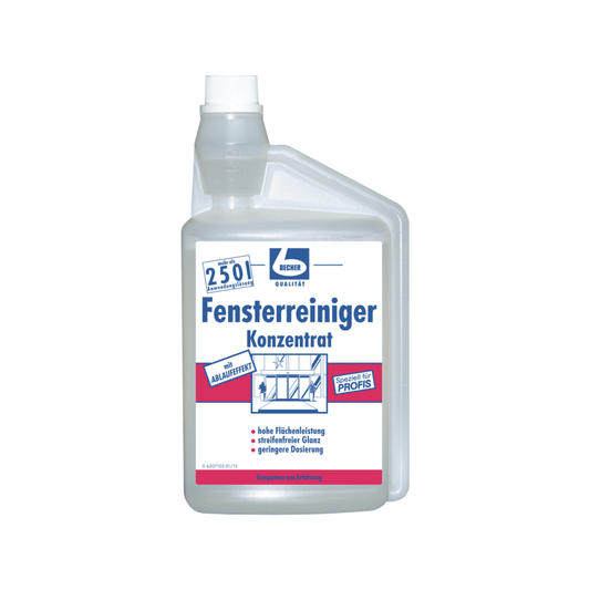 Eine Flasche Dr. Becher Fensterreiniger Konzentrat - 1 Liter von Dr. Becher GmbH. Die durchsichtige Flasche mit weißem Etikett zeigt deutschen Text und ein Diagramm eines Fensters, das gereinigt wird – perfekt für streifenfreie Fenster. Die weiße Kappe hat eine spitze Spitze für einfaches Auftragen.