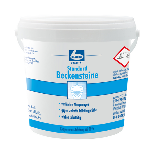 Ein weißer Kunststoffbehälter mit der Aufschrift "Auslaufartikel: Dr. Becher Beckensteine Standard - 30 Stück | Packung" der Dr. Becher GmbH, mit blauen Akzenten, deutschem Text, Gefahrensymbol und Sicherheitshinweisen; ideal für die Reinigung von Toiletten und Urinalen.