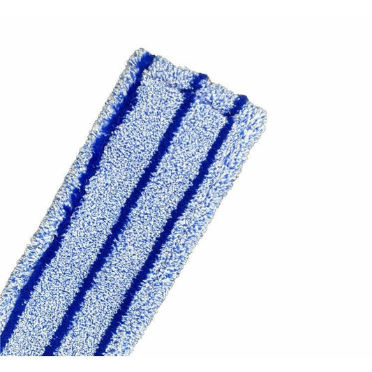 Eine Nahaufnahme des Arcora Flachpressmopp Runner Blue 2.0 von Arcora International GmbH zeigt das Spezial-Polyester-Pad mit parallelen blauen Streifen auf weißem Grund, das für die professionelle Reinigung konzipiert wurde. Karton enthält 75 Stück mit Deckblatt und Tasche.