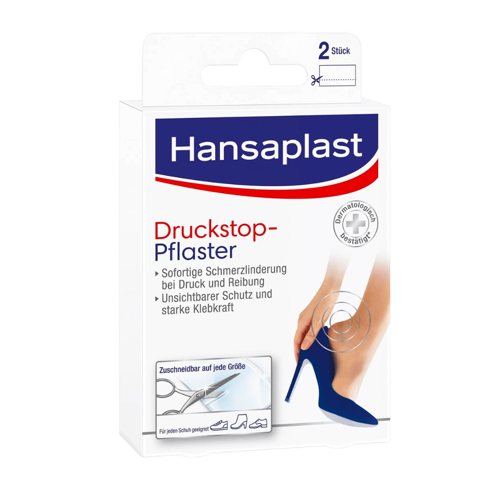 Balenie náplasti Hansaplast Druckstop od spoločnosti Beiersdorf AG s obrázkom ženského chodidla v topánke na vysokom opätku, ktoré sľubuje úľavu od tlaku. Text je v nemčine a zdôrazňuje ochrannú podložku.
