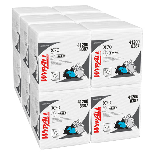 Sechs gestapelte Pakete WypAll® X70 PowerClean Reinigungstücher (viertelgefaltet, weiß, 12 Beutel x 76 Tücher) von Kimberly-Clark GmbH mit Produktname, Nummer 412008387 und einer Handillustration bei der Anwendung.
