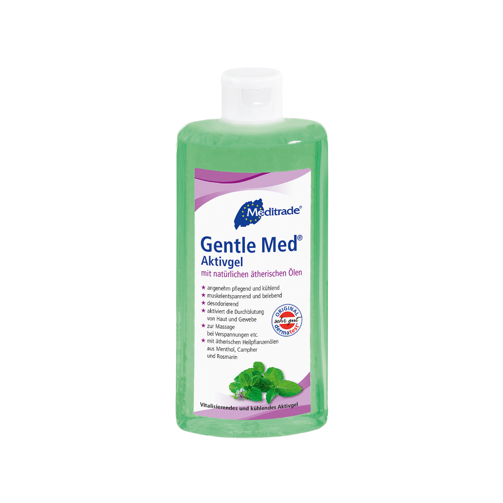500 ml fľaša produktu Meditrade Gentle Med® Aktivgel od spoločnosti Meditrade GmbH, ktorá obsahuje chladivý zelený gél obohatený o prírodné éterické oleje, ako je mentol a rozmarín. Nemecký štítok dopĺňa biele odklápacie viečko.