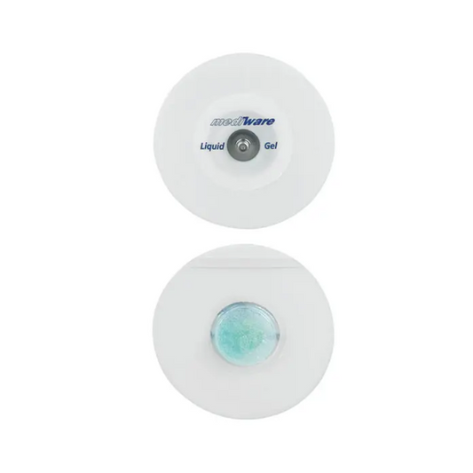 Das Bild zeigt zwei runde Schaumstoff-Elektroden. Die obere Elektrode trägt die Aufschrift „Servoprax GmbH“, was auf die Liquid-Gel-Technologie hinweist. Die untere Elektrode weist ein sichtbares blaugrünes Gelzentrum auf. Beide sind für den medizinischen Gebrauch hergestellt und mit einem Druckknopf-Anschluss für eine einfache Anwendung ausgestattet.