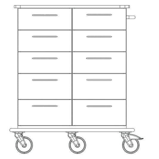 Vorderansicht Strichzeichnung eines Novocal Pflege- und Arbeitswagens mit acht Schubladen, flacher Platte, seitlichem Griff und vier Lenkrollen auf einem durchgehenden Vollkunststoffplattentransportgestell. Marke: Novocal. Packung: 1 Stück.