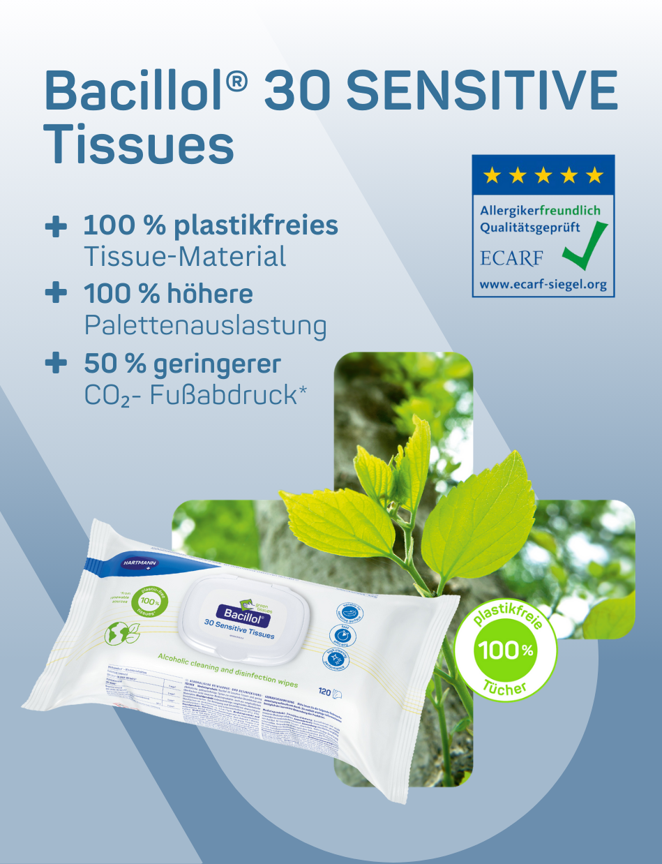 Eine Werbung für Bacillol 30 Sensitive Tissues zeigt eine Packung Taschentücher vor grünen Blättern und nennt Merkmale wie plastikfreies Material, reduzierten CO₂-Fußabdruck und ein allergikerfreundliches Qualitätssiegel.