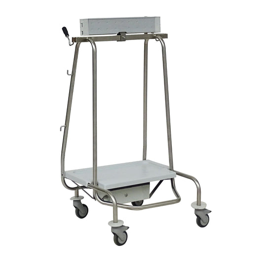 Ein stabiler Novocal Gerätewagen aus Metall mit vier Rollen, einer flachen unteren Ablage, einer oberen Stange und seitlichen Haken - ideal zur Kombination mit dem Novocal Abfallsammler "Genius Plus" Rahmen Edelstahl (Packung 1 Stück).
