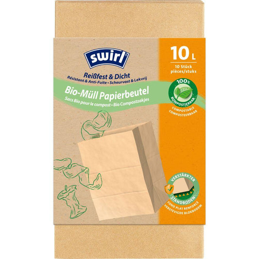 Eine Rolle Swirl Bio-Müll Papierbeutel 10l Reißfest & Dicht von Melitta Europa GmbH & Co. KG, enthalten sind 10 kompostierbare, reißfeste Papierbeutel mit verstärktem Boden. Die Verpackung zeigt einen Beutel mit grünen Blättern.