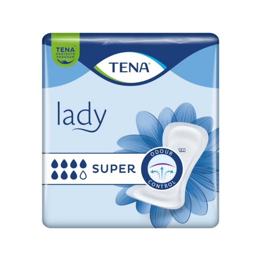 Die Verpackung der TENA Lady Super Inkontinenzvorlage | Packung (30 Stück) von TENA - Essity Germany GmbH ist in blau-weiß gehalten. Markante Elemente wie die Worte „Lady“ und „SUPER“, Saugtropfen, eine Blumengrafik sowie Begriffe wie „Odour Control“ machen sie zur idealen Wahl für alle, die im Rahmen des TENA Protects Programms zuverlässigen Inkontinenzschutz suchen.