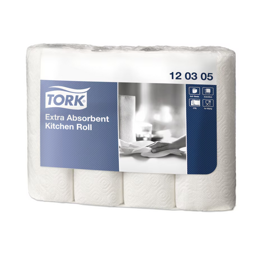 Eine Schachtel Tork 120305 extra-saugfähige Küchenrolle Premium 3-lagig, hergestellt von TORK – Essity Professional Hygiene Germany GmbH, enthält 48 Rollen. Die überwiegend weiße Verpackung mit blauen Highlights zeigt ein Produktbild, ein Logo und Verwendungssymbole. Das Etikett „120305“ betont das extra saugfähige Design.