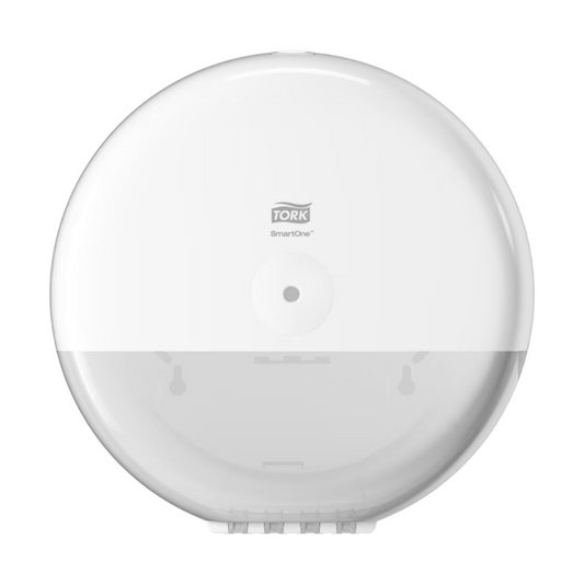 Der Tork SmartOne® 680000 Spender für Toilettenpapier Elevation T8 von Essity Professional Hygiene Germany GmbH verfügt über ein wandmontiertes weißes Design mit runder Form. Er ermöglicht eine effiziente Einzelblattentnahme und hebt das Tork-Logo auf der Vorderseite hervor sowie eine zentrale Öffnung zur Ausgabe von Toilettenpapier.