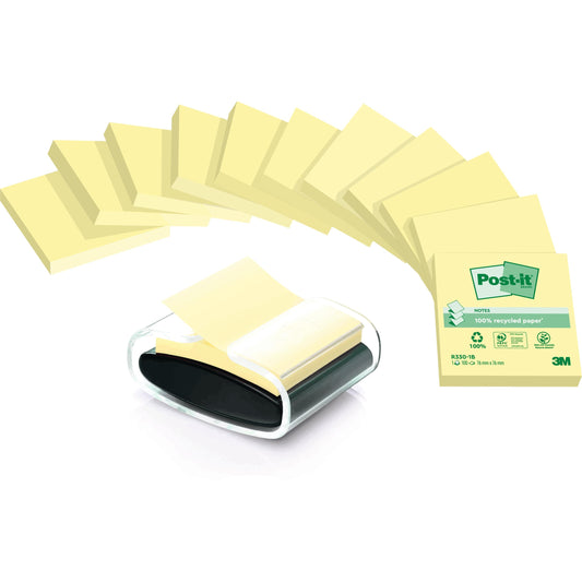 Ein Stapel gelber Post-it® Recycling Z-Notes (76 mm x 76 mm) von 3M Deutschland GmbH fächert sich hinter einem durchsichtigen Tischspender auf. Der 12er-Pack enthält mit dem Umweltzeichen versehene, 100% PEFC-zertifizierte Zettel und einen kostenlosen Spender.