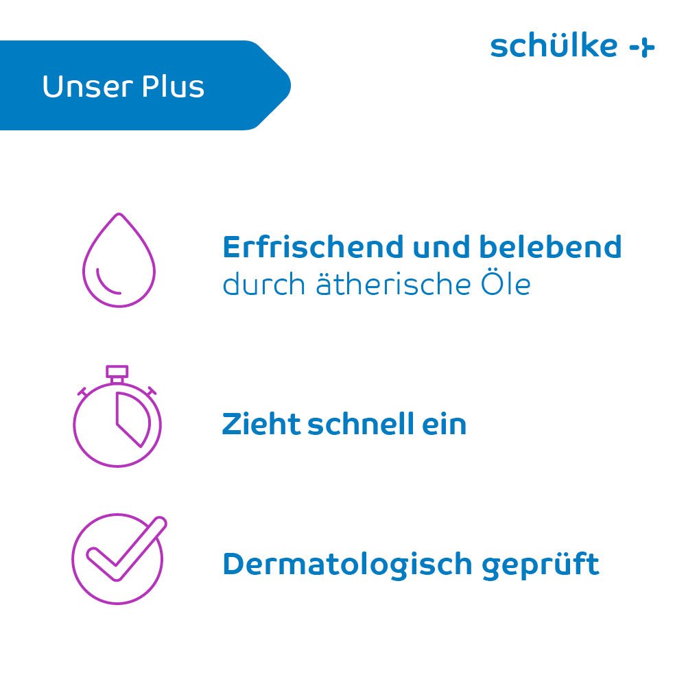 Grafika s nemeckým textom k prezentácii spoločnosti Schülke & Mayr GmbH, Schülke esemtan® active Gel – 500 ml | fľaša (500 ml) a tri symboly. Prvý symbol je kvapka s nápisom „Osviežujúce a povzbudzujúce vďaka éterickým olejom.“ Druhým symbolom sú stopky s nápisom „Rýchlo sa vstrebáva“. Tretím symbolom je začiarknutie s nápisom „Dermatologicky testované“.