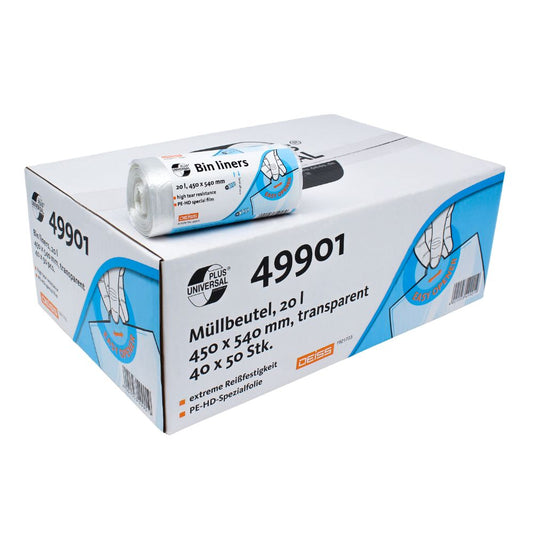 Einem Karton mit der Aufschrift „DEISS Universal Plus® Müllbeutel 20 Liter, 49901“ liegt eine Rolle transparenter Müllbeutel bei. Diese strapazierfähigen 20-Liter-Beutel haben die Maße 450 x 540 mm und bestehen aus HDPE-Spezialfolie. Die Verpackung hebt die DEISS Universal Plus-Funktionen in mehreren Sprachen hervor und wurde von EMIL DEISS KG (GmbH + Co.) hergestellt.