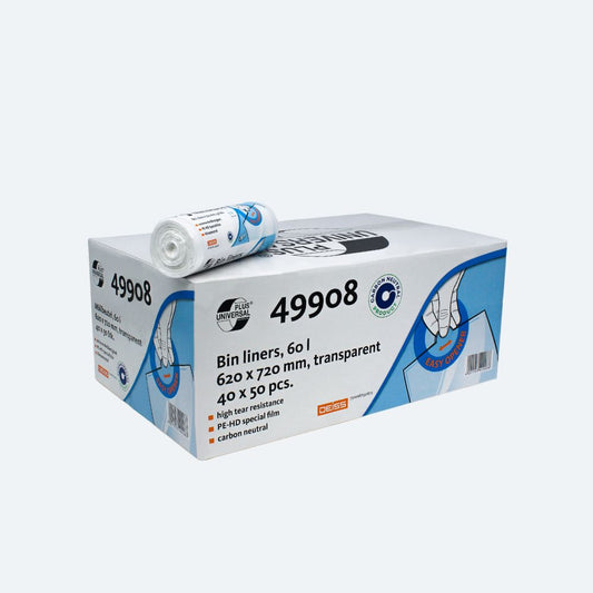 Ein Karton und eine Rolle transparenter DEISS Universal Plus® Müllbeutel 60 Liter mit der Aufschrift „49908“, hergestellt von EMIL DEISS KG (GmbH + Co.). Der Karton enthält 40 Rollen mit einem Fassungsvermögen von jeweils 60 Litern und den Abmessungen 620 x 720 mm. Die aus HDPE gefertigte Verpackung zeichnet sich durch Eigenschaften wie hohe Reißfestigkeit und CO2-Neutralität aus.