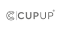 CUPUP Logo, graue geometrische Tasse links, vertikale Linie, Schriftzug in Großbuchstaben, mit Symbol über letztem Buchstaben