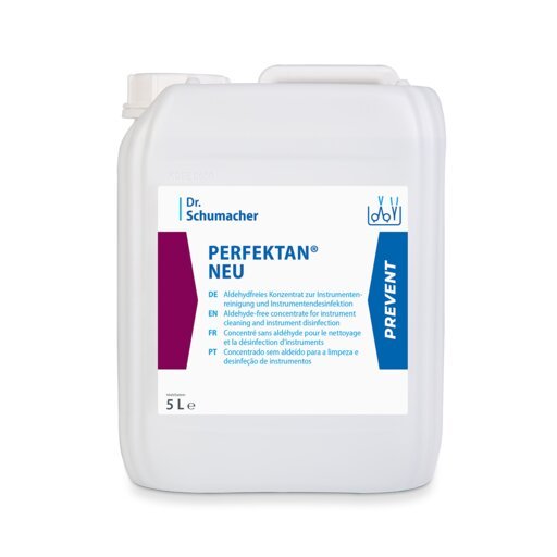 Biely 5-litrový plastový kontajner "Dr. Schumacher PERFEKTAN® NEU" od Dr. Schumacher GmbH s viacjazyčným textom, modrou etiketou a bielym uzáverom - ideálny pre hygienické prostredia a efektívnu dezinfekciu povrchov.