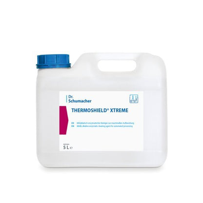 Biely 5-litrový plastový kontajner s modrým uzáverom a nápisom "Dr. Schumacher THERMOSHIELD® XTREME", enzymatický čistič od Dr. Schumacher GmbH pre priemyselné povrchové nátery, stojí pred bielym pozadím.